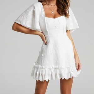 SHOWPO FANCY A SPRITZ SQUARE NECK MINI DRESS IN WHITE EMBROIDERY